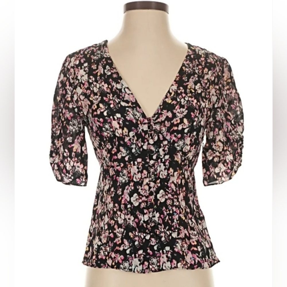 AllSaints Kota Freefall Black Floral V-Neck Puff Sleeve Top Size Small